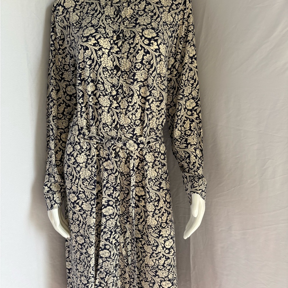 LOFT Navy Blue and Cream Floral Collared Dress  With Tie Waist